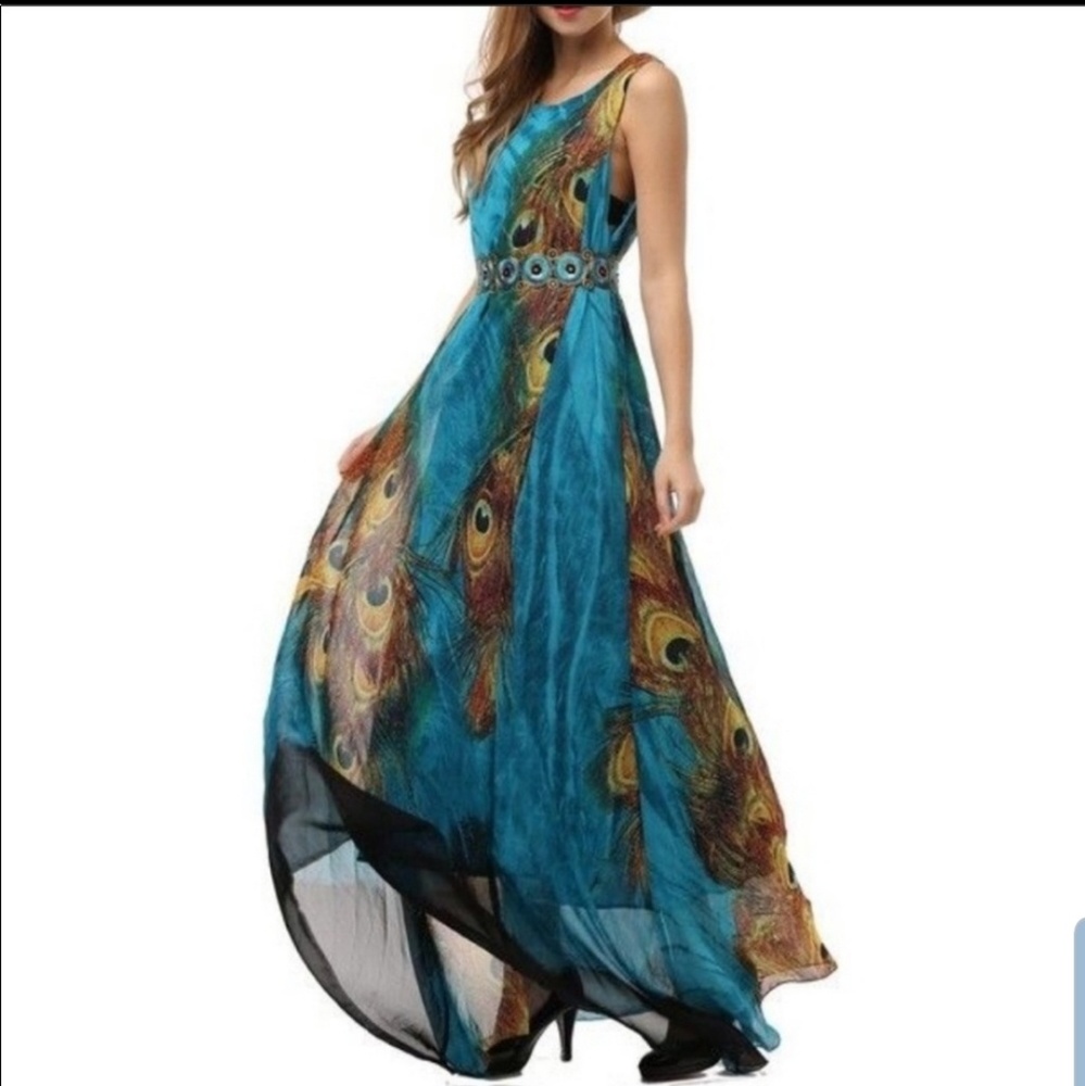 Flowy PEACOCK PRINT Chiffon Maxi Dress - Picture 1 of 5